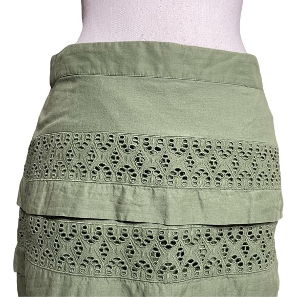 Eyelet Layered Mini Skirt 4 Miniskirt Sage Green Embroidered Broderie Scalloped - Picture 6 of 12
